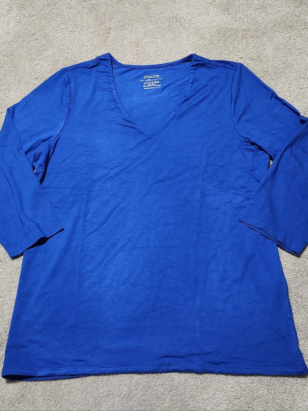 NWT‎ Chico's Royal Blue V-Neck Quarter Sleeve Top Rayon Spandex Size 1